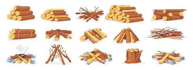 Pile firewood. Stack wood log bonfire, cartoon sticks branches timber forest tree for burning fire, bundle dry brushwood timbered firewoods lumber trunk, neat vector illustration