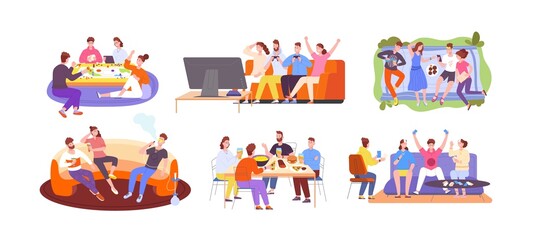 Friend gathering weekend. People celebrate home party, happy young friends fun outdoors and indoors, eating pizza kitchen table, drink tea together, illustration splendid vector