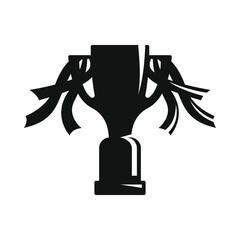 Vector black sports trophy icon for winner with ribbons and long stand