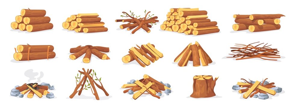 Cartoon Wood Campfire Wooden Logs For Camping Bonfire Fire Wood Wood  Industry Materials Stacked Brushwood And Firewood Vector Illustration Set  Wooden Fireplace Collection Stock Illustration - Download Image Now - iStock