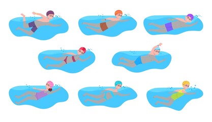 Child swimmers. Cartoon swimmer kid competition, swimming splashing pool water race, children preschool sport healthy swim arm exercise summer river, splendid vector illustration