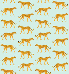 Vector seamless pattern of flat hand drawn cheetah isolated on mint background