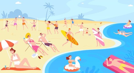 People rests on island beach. Person enjoy sea landscapes ocean horizon, travel summer vacation happy woman in bikini ice cocktail and fun vacationers, splendid vector illustration
