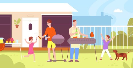 Family barbecue in backyard. BBQ party outside house, barbeque cooking meat on yard home garden park summer nature, eating grill children food wine, splendid vector illustration