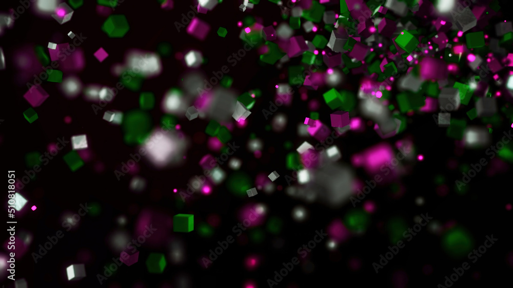 Aufkleber Cubic particles forming line on black background. Animation. Cubes of different sizes are connected in single line. Stream of cubic particles entwined in line
