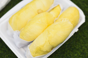 Durian fruit for sale to buyers in the Thai fruit market. Durian is known as the fruit king of Thailand. peeled ready to eat