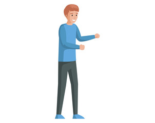 Young man talking and gesturing. Smiling guy waving hands during emotional conversation. Male character standing in strange pose, posing. Person with gestures and emotions vector illustration