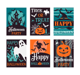 Vector Halloween greeting card. Halloween party. Vector collection with pumpkins, castle, ghost, moon. Vector set of Halloween party invitations. Illustration for flyer, banner, poster templates. 