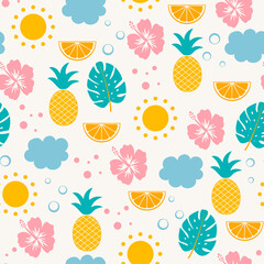 Summer seamless pattern with pineapple, tropical flower, monstera. Vector summer illustration. Cute design for fabric, paper, cover, interior decor and other users.
