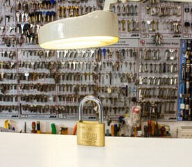 A lock on a desk at a locksmith shop, close-up view. - obrazy, fototapety, plakaty