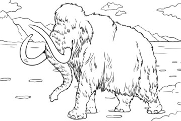 Prehistoric animals. Illustration with extinct Elephant - mammoth. Drawing for coloring book.