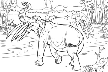 Fototapeta na wymiar Extinct ancestor of the elephant - stegotetrabelodon. Drawing with prehistoric extinct elephant. Silhouette drawing for coloring book.
