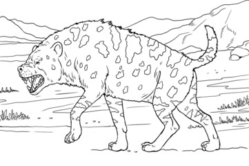 Prehistoric hyena - dinocrocuta. Coloring page with extinct predator.