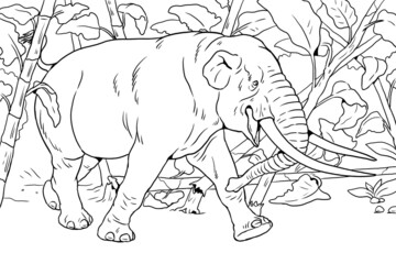 Prehistoric animals. Illustration with extinct Elephant - Mastodon. Silhouette drawing for coloring book.