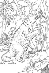 Prehistoric gigantic animal - megatherium. Drawing with giant sloth. Silhouette drawing for coloring book.