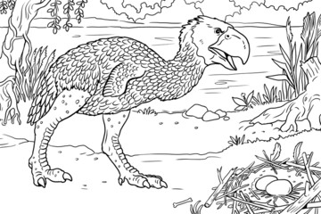 Prehistoric birds of prey - gastornis. Drawing with extinct predators terror birds.
