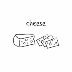 Vector linear illustration with appetizing cheese. Coloring book with food. Cheese icon. Ingredients for pizza. Cheese fondue.