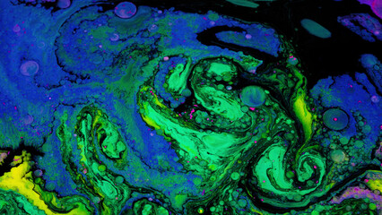 Bright fluid art with acidic colors and bubbles. Stock footage. Liquid mixing patterns of bright...