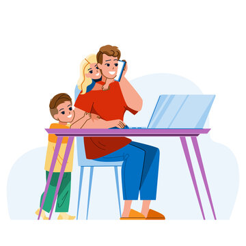 home work stress father vector. family office, dadd man and child, busy parent, computer laptop haos, quarantine home work stress father character. people flat cartoon illustration