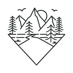 Mountain Scene Illustration Clip Art Design Shape. Lines Silhouette Icon Vector.