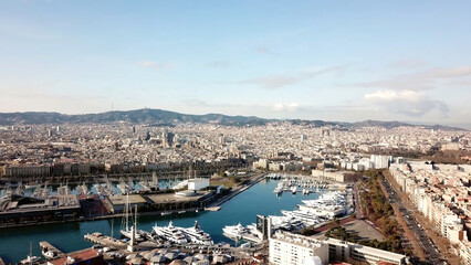 Huge cruise ship in the Bay.Stock. Top view of a huge city with a yacht port. A beautiful country to travel