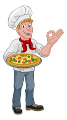 Chef Cook Man Cartoon Holding A Pizza