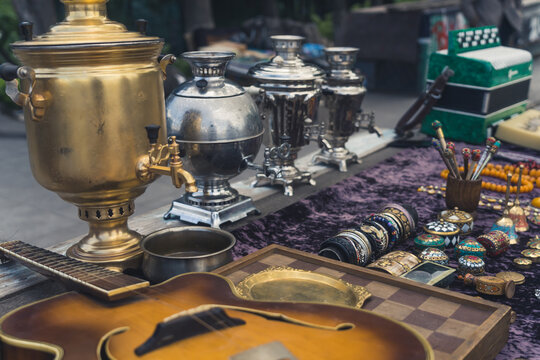antiques and old retro things on local street market, Tbilisi, Georgia. High quality photo