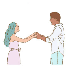 Hand drawn flat vector illustration of couple cartoon characters smiling, looking at each other and holding hands isolated on white background. 