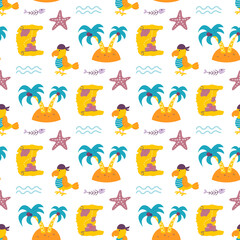 Vector seamless pattern with pirate parrot, an island, treasure map on white background