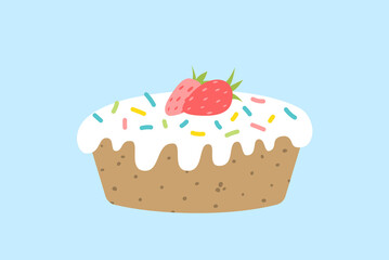 Cake with glaze, multicolored sprinkle, strawberry. Pie with icing. Flat, cartoon, isolated