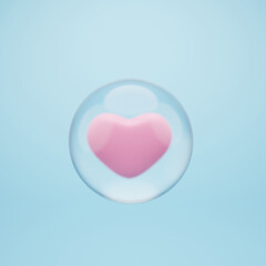 Pink heart in glass bubble against light blue background, 3d render
