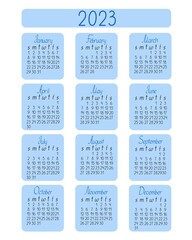 Calendar template for the year 2023 in simple minimalist style, abstract colorful background loose formless shapes, week starts on Sunday, vector printable page