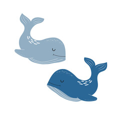 Cute cartoon whales on an isolated white background. Drawing for children's theme, print, wallpaper.