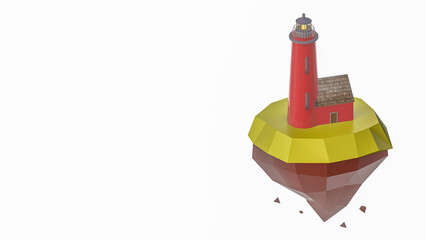 3d low poly lighthouse on a floating island, fantasy beacon rendering