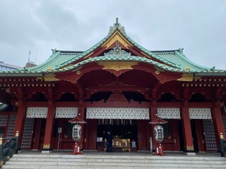 Fototapeta premium The beautiful pagoda of Japanese honorable shrine, “Kandamyojin” at the heart of Tokyo Japan, shot taken on a rainy day year 2022 June 14th
