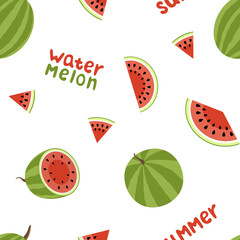 Watermelon seamless pattern. Cut watermelon, piece, bit, round. Flat, vector
