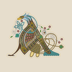 Illuminated, Medieval Initial Letter A combining animal body parts from an Eagle, tendrils and endless Celtic knot ornaments