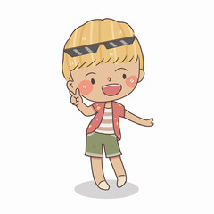 cute little boy stand and show ok finger, vector and illustration