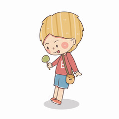 cute little boy stand eating and holding candy, vector and illustration