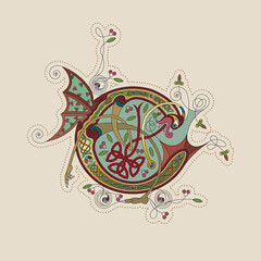 Illuminated, Medieval Initial Letter C combining animal body parts from a Dog, a Butterfly and a fish, tendrils and endless Celtic knot ornaments