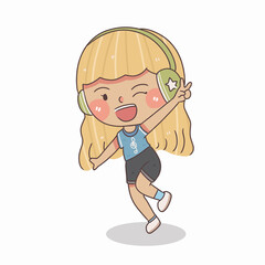 cute little girl walk and wearing over-ear headphones to listen music, vector and illustration