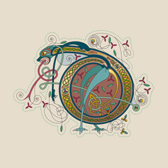 Illuminated, Medieval Initial Letter D combining animal body parts from a Dog, tendrils and endless Celtic knot ornaments
