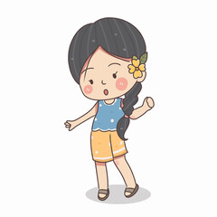 cute little girl stand and wave hand, vector and illustration