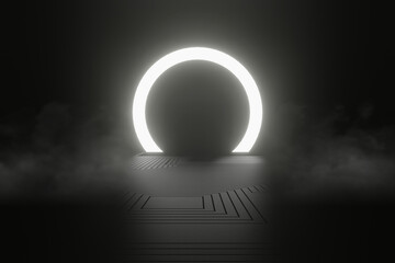 3d render, glowing lines, tunnel, neon lights, virtual reality, abstract background, square portal, arch, pink blue spectrum vibrant colors, laser show