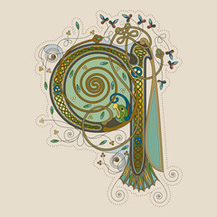 Illuminated, Medieval Initial Letter Q combining animal body parts from a Parrot and a Dragonfly, tendrils and endless Celtic knot ornaments - obrazy, fototapety, plakaty