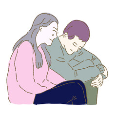 Obraz premium Hand drawn flat vector illustration of young happy couple cartoon characters smiling, sitting together and sharing the moment isolated on white background. 