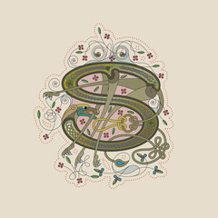 Illuminated, Medieval Initial Letter S combining animal body parts from a Lion, tendrils and endless Celtic knot ornaments - obrazy, fototapety, plakaty