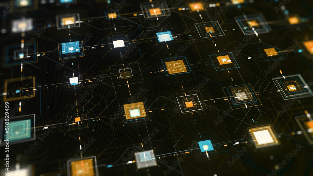 Poster high tech computer circuit board with many signals flowing fast on black background. animation. anim