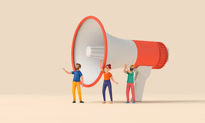 Character using a megaphone. Business announcement. 3D Rendering