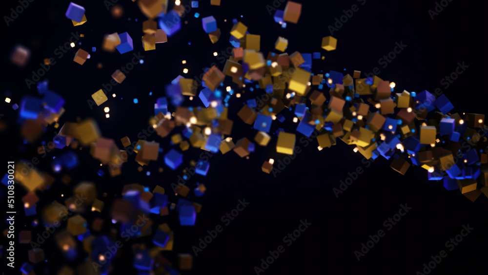 Aufkleber Cubic particles forming line on black background. Animation. Cubes of different sizes are connected in single line. Stream of cubic particles entwined in line